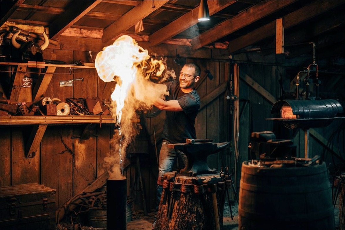 Jeremy Ramsey with the forge fire at Vikings Don't Cry
