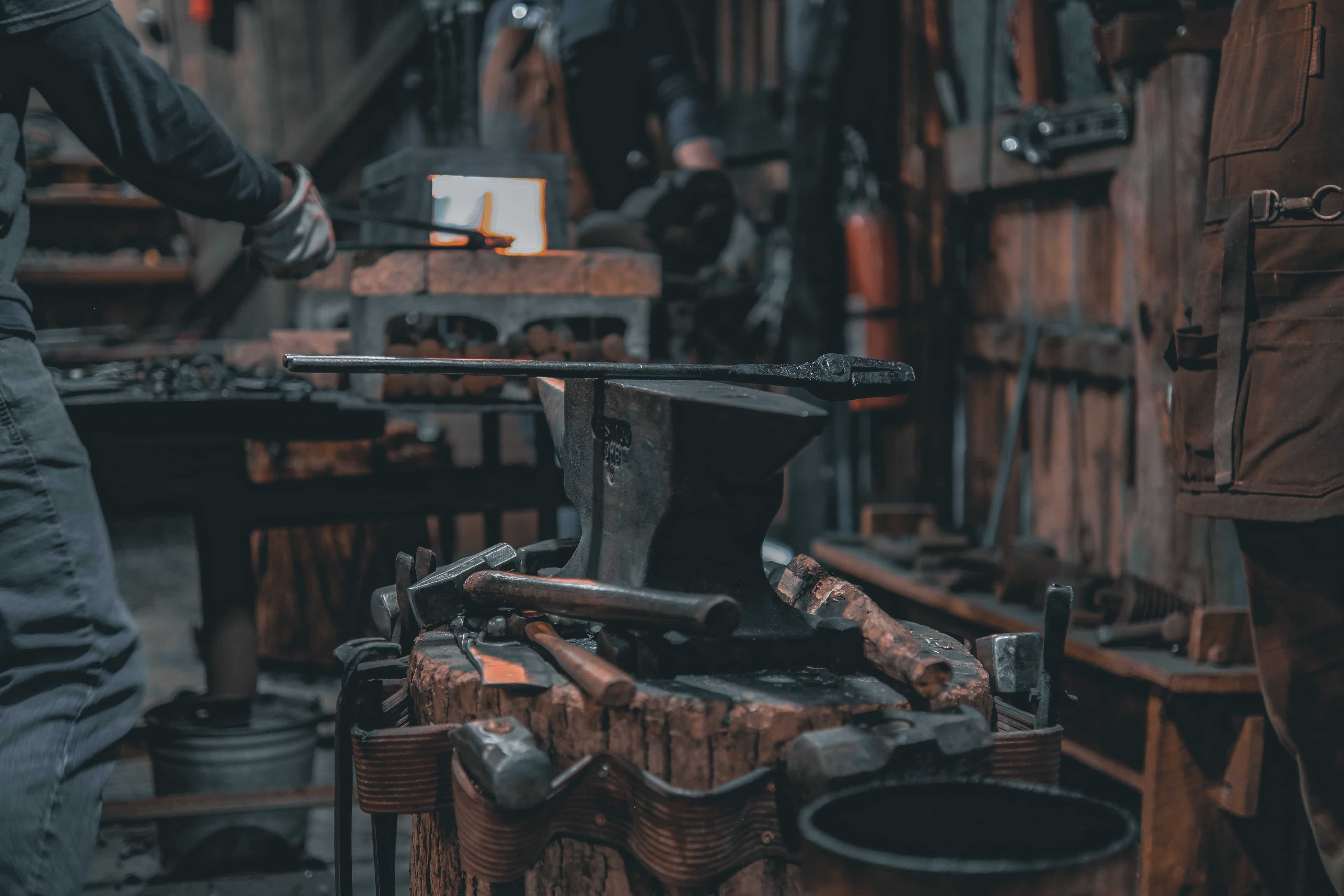 Forge anvil with tools